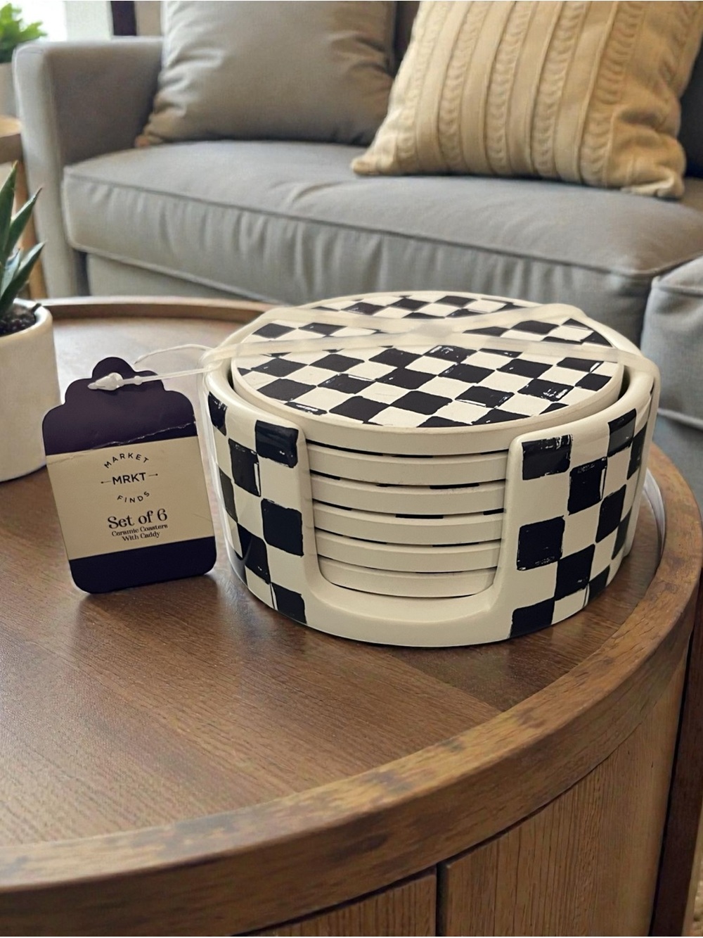 Checkerboard Ceramic Coasters - Set of 6 - Navy Blue & White